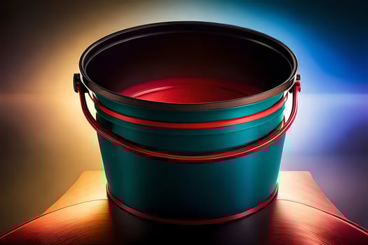 a green bucket with red handles on a table. AI-Generated photo
