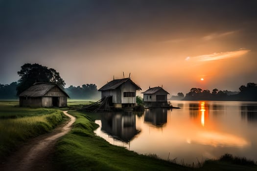 the sun sets over a lake and two small houses. AI-Generated photo