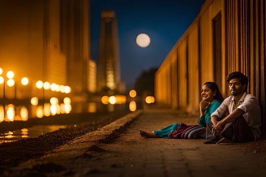 a couple sitting on the ground in front of a building at night. AI-Generated photo