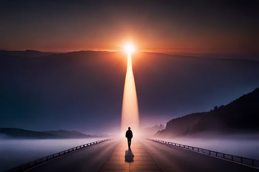 a man standing on a road with the sun shining through the fog. AI-Generated photo