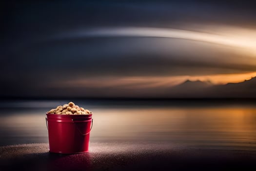 a red bucket of popcorn on the beach at sunset. AI-Generated photo