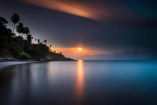 the sun sets over the ocean and palm trees. AI-Generated photo