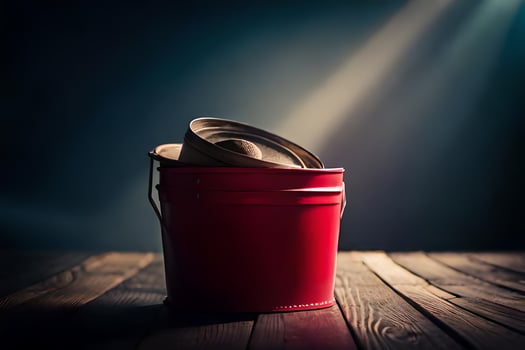 a red bucket on a wooden table with a light shining in the background. AI-Generated photo