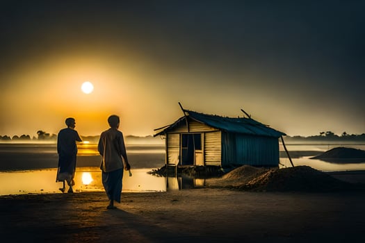 the sun sets over the water. AI-Generated photo
