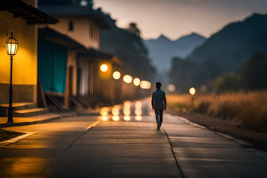 a man walking down a road at night. AI-Generated photo