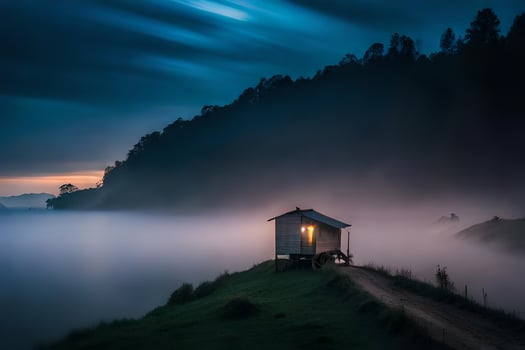 a small house sits on the edge of a cliff overlooking the water. AI-Generated photo