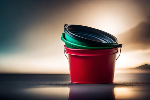 two red and green buckets sitting on a table. AI-Generated photo