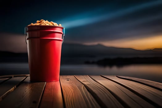 a red bucket of popcorn sitting on a wooden table. AI-Generated photo