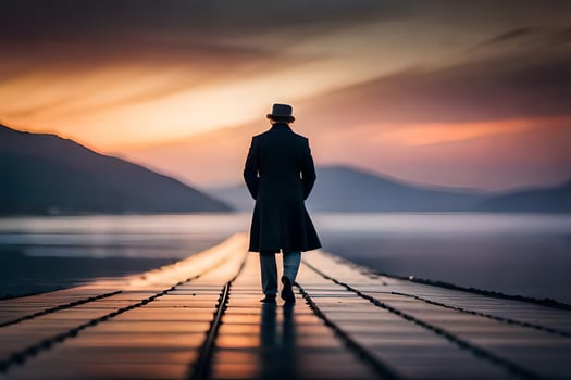 a man in a hat and coat walks along a pier at sunset. AI-Generated photo