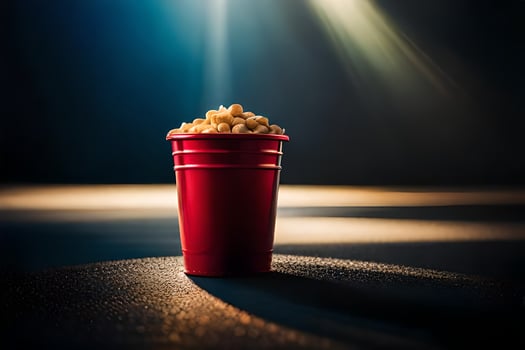 a red cup of popcorn on a dark surface. AI-Generated photo
