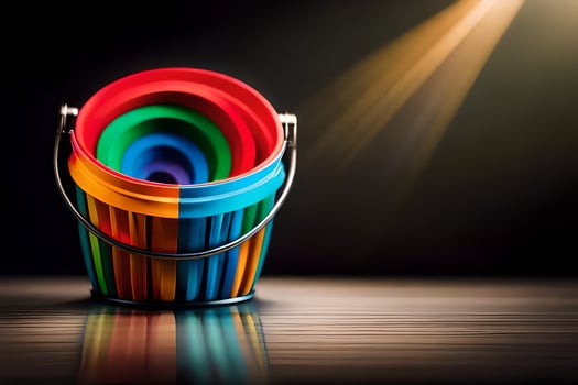 a bucket filled with colorful plastic forks. AI-Generated photo