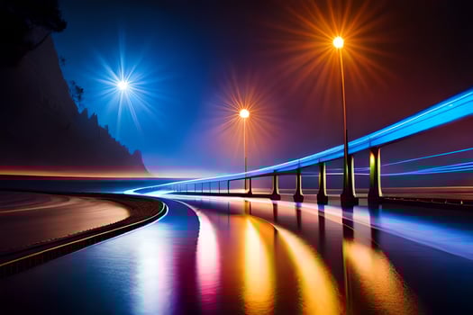 a long exposure photograph of a road at night. AI-Generated photo