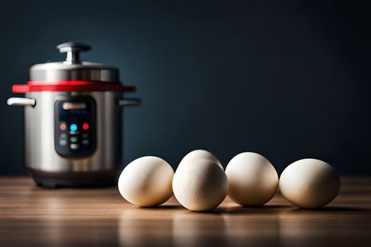 eggs on a table next to an instant pot. AI-Generated photo