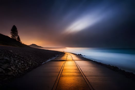 a long exposure photograph of a road leading to the ocean. AI-Generated photo