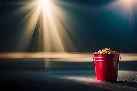 a bucket of popcorn on a dark floor with bright lights. AI-Generated photo