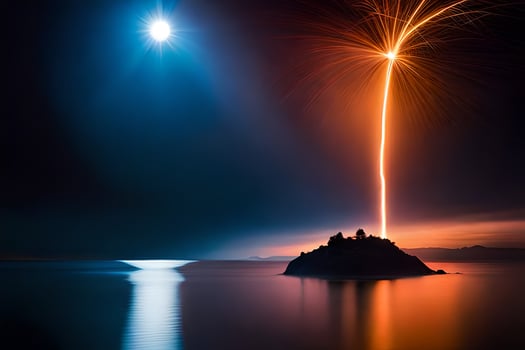 fireworks over a small island in the ocean. AI-Generated photo