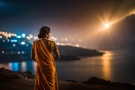 woman in orange sari looking at the city at night. AI-Generated photo