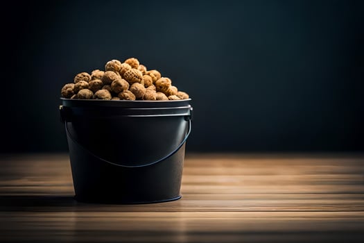 a bucket full of peanuts on a wooden table. AI-Generated photo