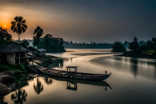 a boat sits on the river at sunset. AI-Generated photo