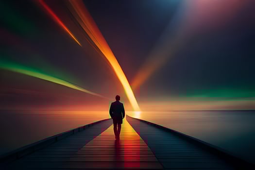 a man standing on a pier looking at the aurora lights. AI-Generated photo