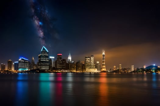 the city skyline at night with the milky in the sky. AI-Generated photo