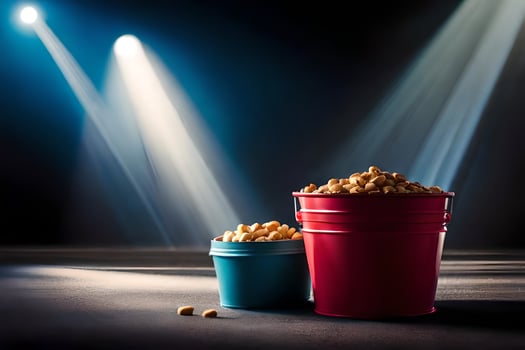 two buckets of popcorn on a dark table with spotlight. AI-Generated photo
