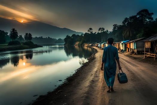 a man walks down a road near a river with huts. AI-Generated photo
