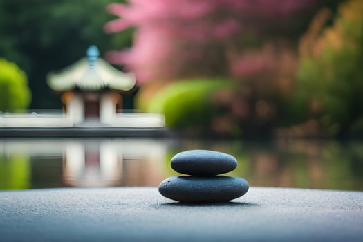 two stones are stacked on top of each other in front of a pond. AI-Generated photo