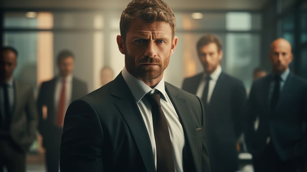 Portrait of a serious mature businessman standing in front of his team. Generative AI photo