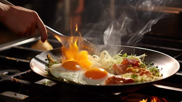 Close up of woman's hand cooking noodles with fried eggs in pan Generative AI photo