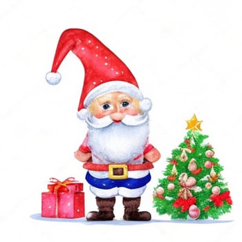cute gnome santa claus cartoon hand draw cartoon style and christmas tree on white background, watercolor photo