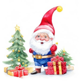 cute gnome santa claus cartoon hand draw cartoon style and christmas tree on white background, watercolor photo