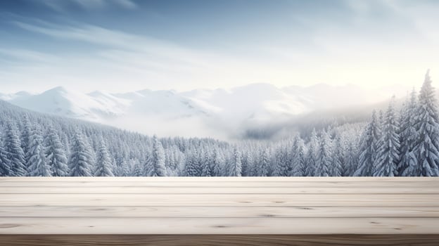 Snowy mountains in the distance with an empty wooden tabletop, Generative AI. photo