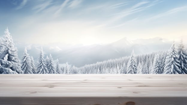 Snowy mountains in the distance with an empty wooden tabletop, Generative AI. photo