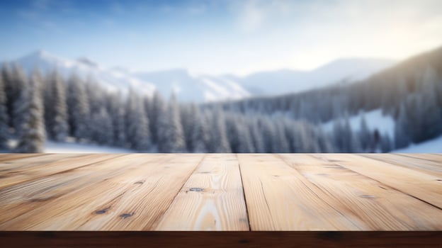 Snowy mountains in the distance with an empty wooden tabletop, Generative AI. photo