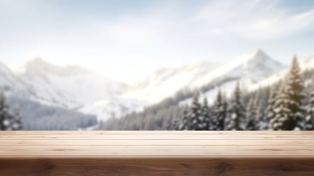 Snowy mountains in the distance with an empty wooden tabletop, Generative AI. photo