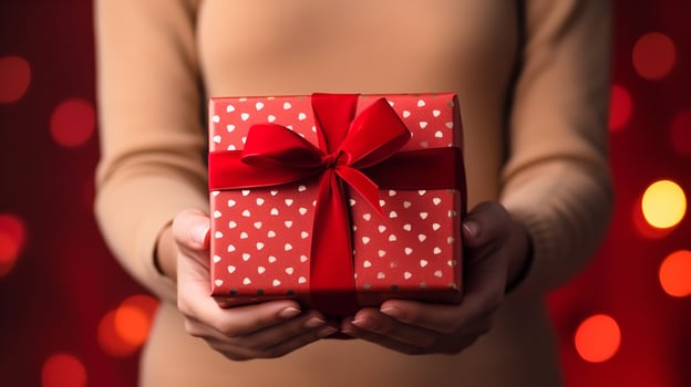 Woman with a gift box bind with ribbon in a clean red backdrop, Generative AI. photo