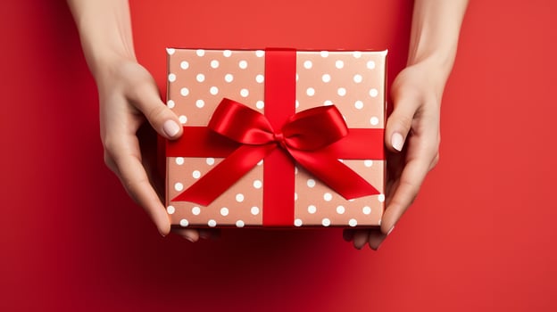 In an attractive red background, a woman holds a gift box tied with ribbon, Generative AI. photo