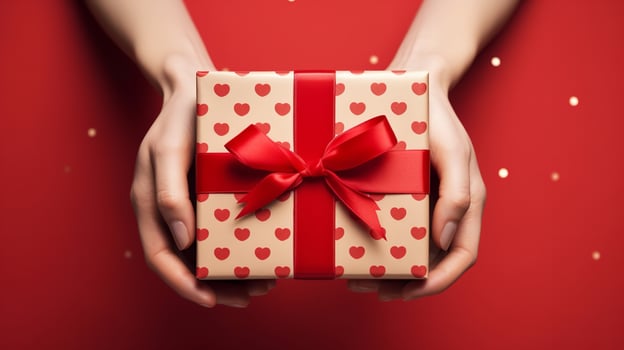 In an attractive red background, a woman holds a gift box tied with ribbon, Generative AI. photo
