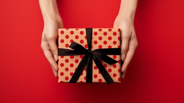 In an attractive red background, a woman holds a gift box tied with ribbon, Generative AI. photo
