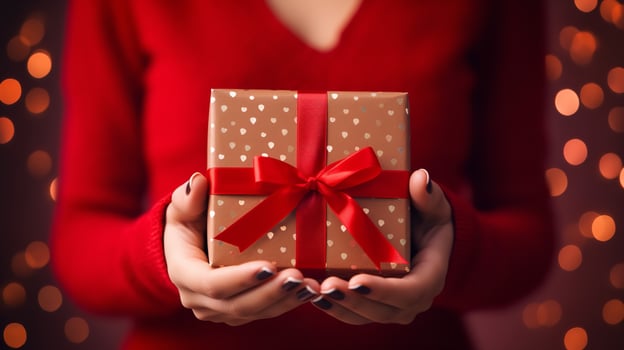 Woman with a gift box bind with ribbon in a clean red backdrop, Generative AI. photo