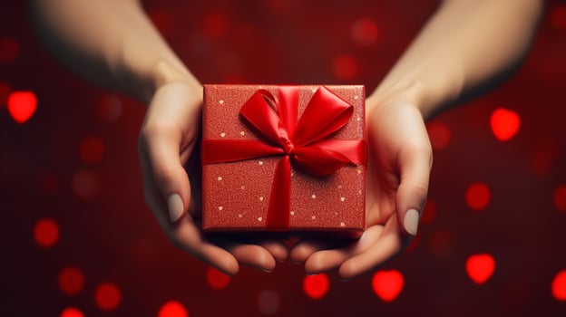Woman with a gift box bind with ribbon in a clean red backdrop, Generative AI. photo
