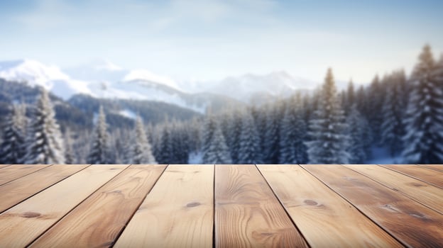 Snowy mountains in the distance with an empty wooden tabletop, Generative AI. photo