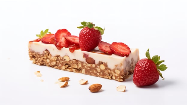 Fruit nut  bar isolated in a clean white backdrop with strawberry and nuts, Generative AI. photo