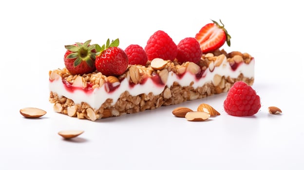 Fruit nut  bar isolated in a clean white backdrop with strawberry and nuts, Generative AI. photo