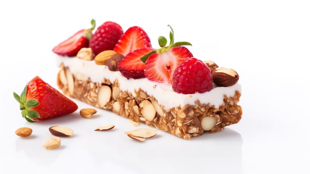 Fruit nut  bar isolated in a clean white backdrop with strawberry and nuts, Generative AI. photo