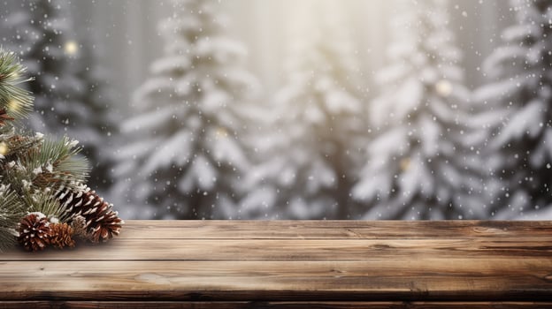 Christmas tree on a wooden table with snow and snow falling on the ground, Generative AI. photo