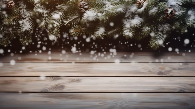 Christmas tree on a wooden table with snow and snow falling on the ground, Generative AI. photo