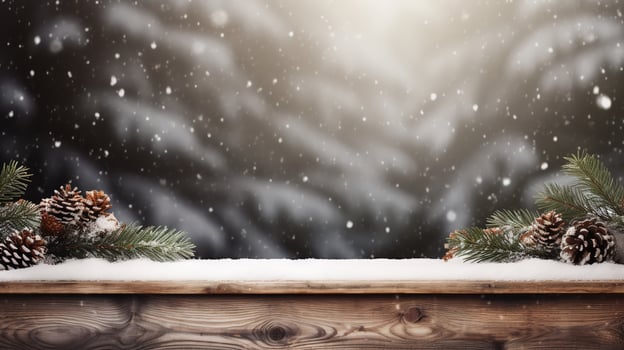 Christmas tree on a wooden table with snow and snow falling on the ground, Generative AI. photo