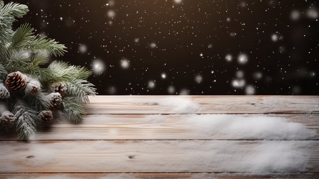 Christmas tree on a wooden table with snow and snow falling on the ground, Generative AI. photo